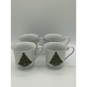 4 x Vintage Christmas Tree FOOTED TEA CUP Sea Gull Fine China by JIAN SHIANG